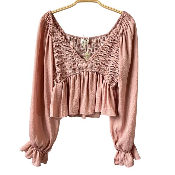 She + Sky Tops - She + Sky Babydoll Smocked Blouse Top Women S Pink Poet Sleeve Romantic Coquette